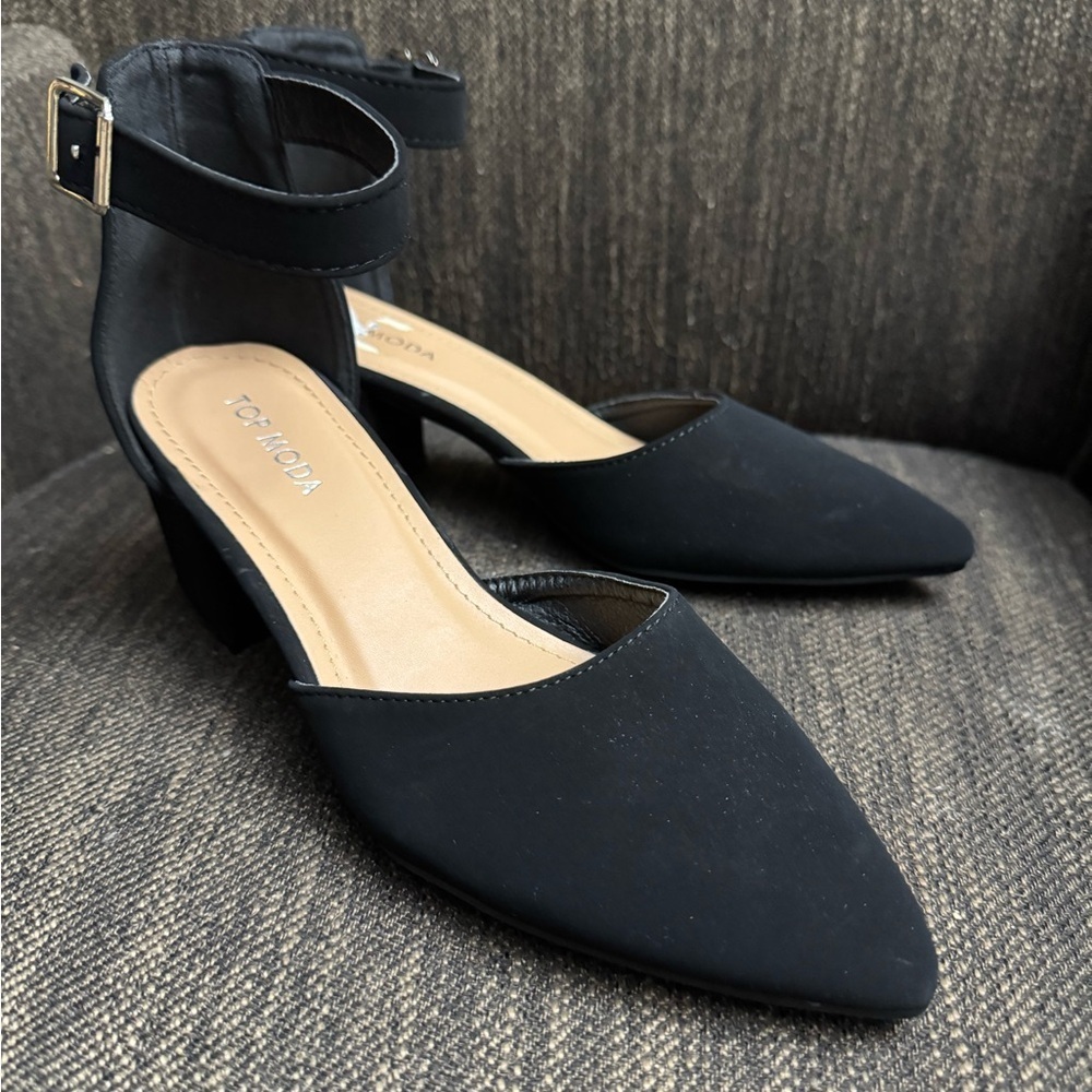 TOP Moda Women's 7 Closed Pointy Toe Winter Party Black Low Block Heel Shoes